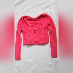 NWOT! Chic Lulus Lush Cropped Hop Pink Fuzzy 2 Piece Women's Cardigan Set Small